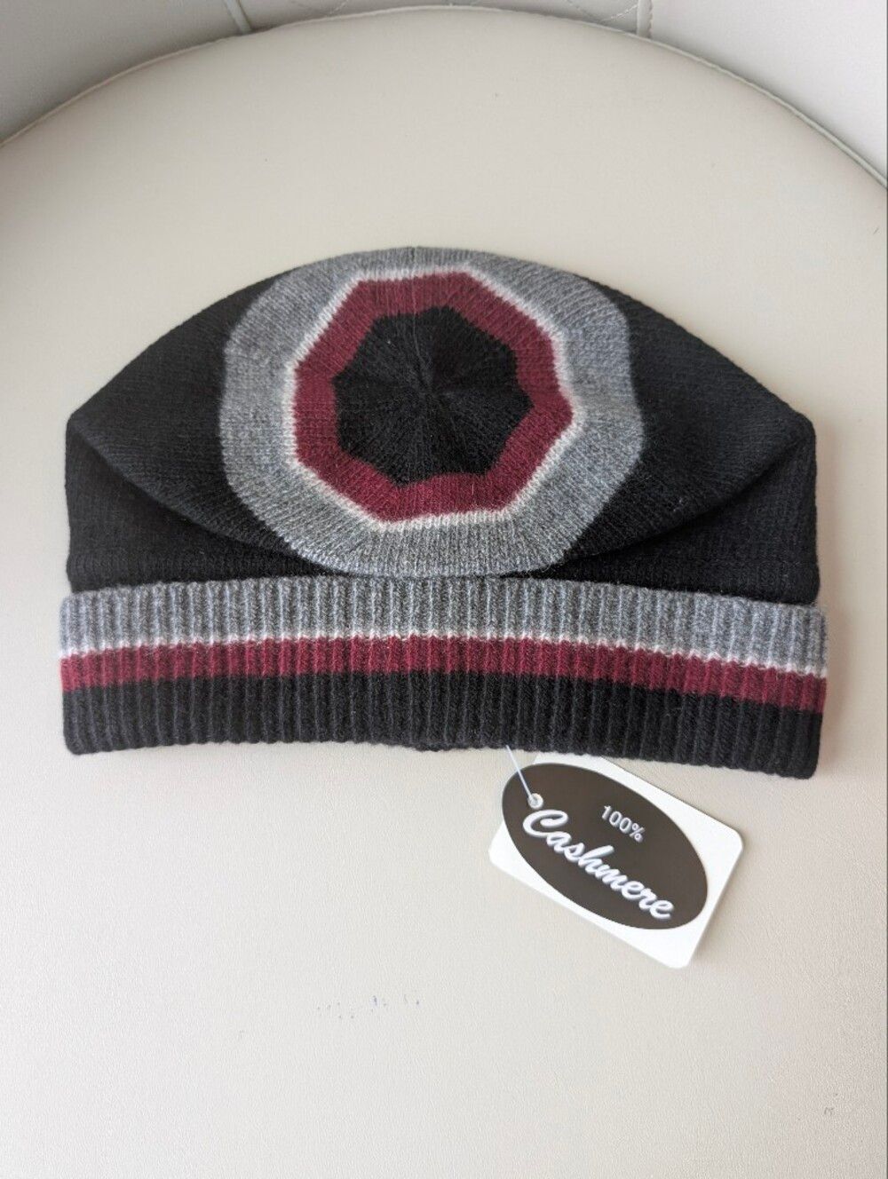 Portolona Unisex Black&Gray Striped Beanie with Burgundy Accents 100% Cashmere
